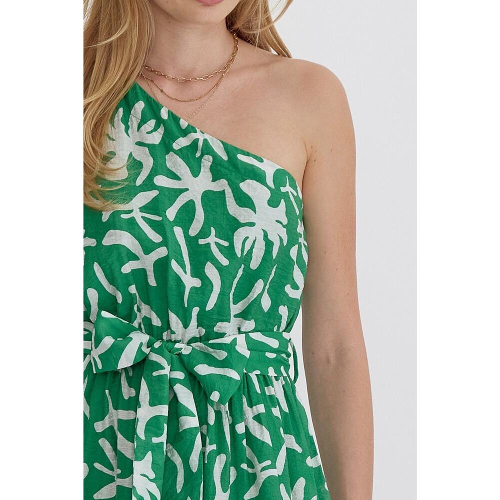 Entro NWT Green One-Shoulder Printed Midi Dress with Slit Sz L - Picture 7 of 10